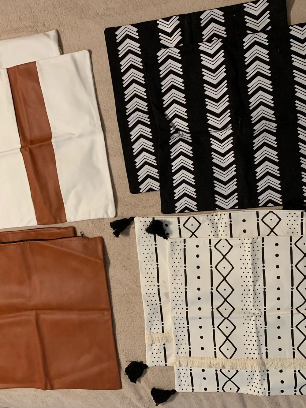 Boho Black & White Geometric Accent Pillow Covers with Tan Leather-Look Panels